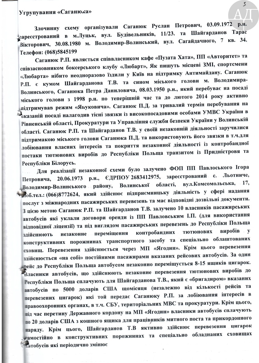 Публикуем часть полученных материалов, и задаем вопрос власти, почему имея на руках так четко разложенную схему ОПГ «Саганюк» никто не задержан, и не посажен?